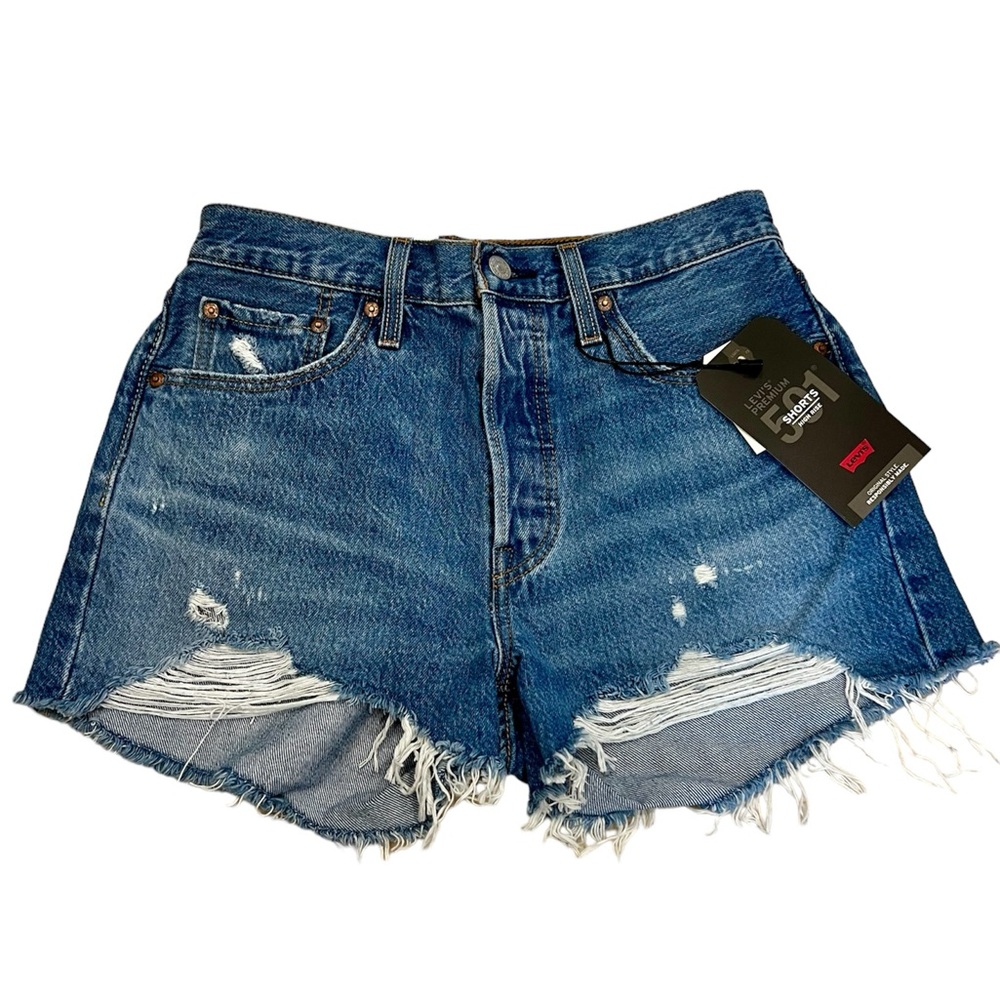 Levi's 501 Original High Rise Distressed Denim Shorts Athens Medium Wash Size 28
